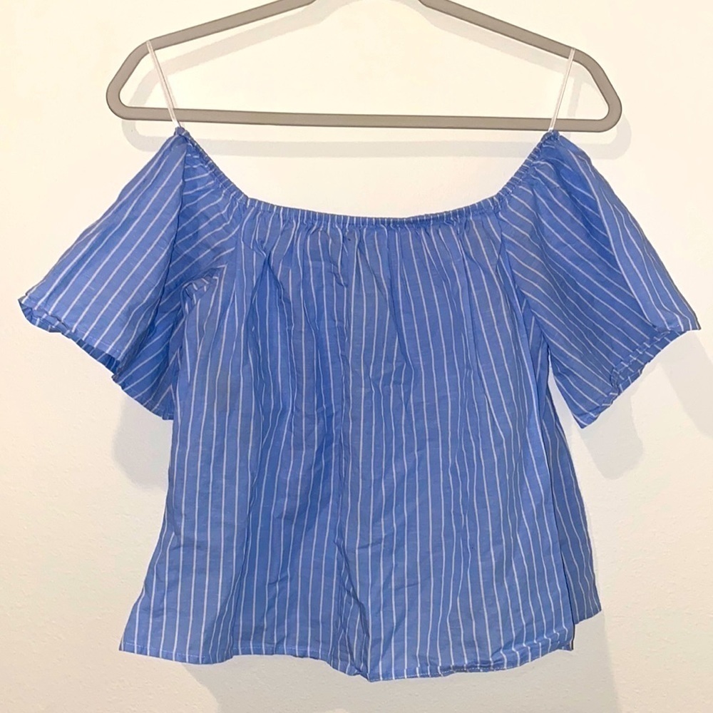 Express Striped Linen Blend Off Shoulder Crop Top